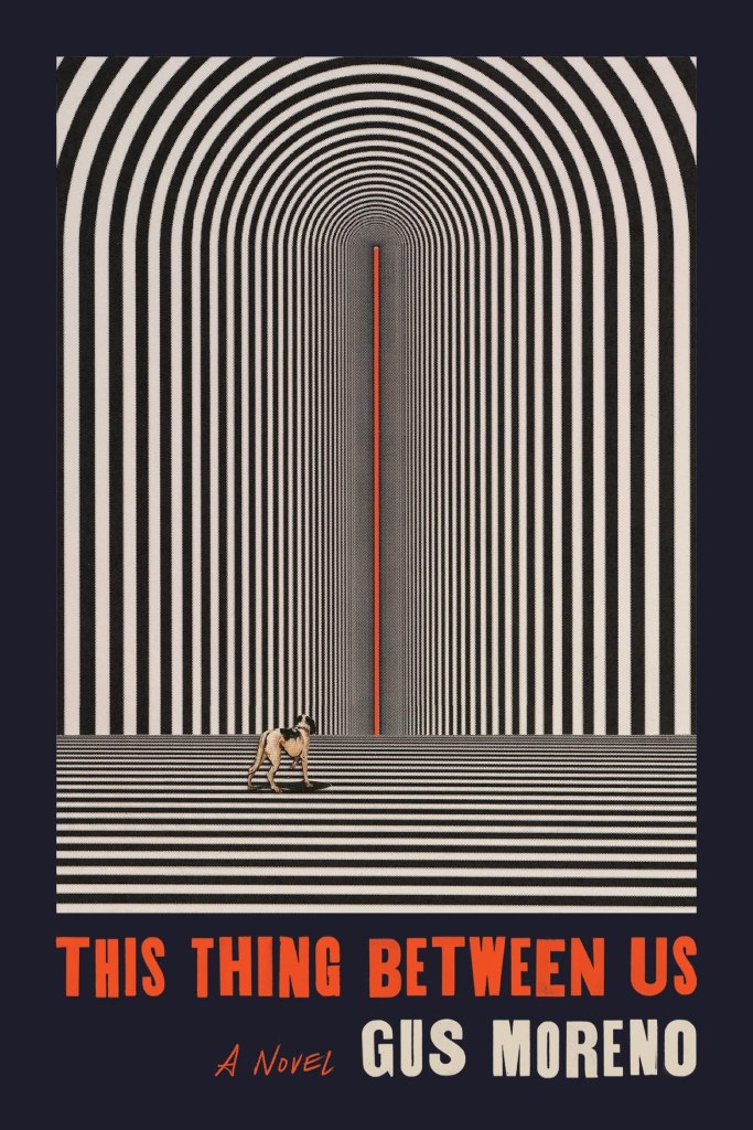 The cover of This Thing Between Us, which shows a St. Bernard standing on striped ground and looking at concentric arched lines that ultimately lead to a far-off door