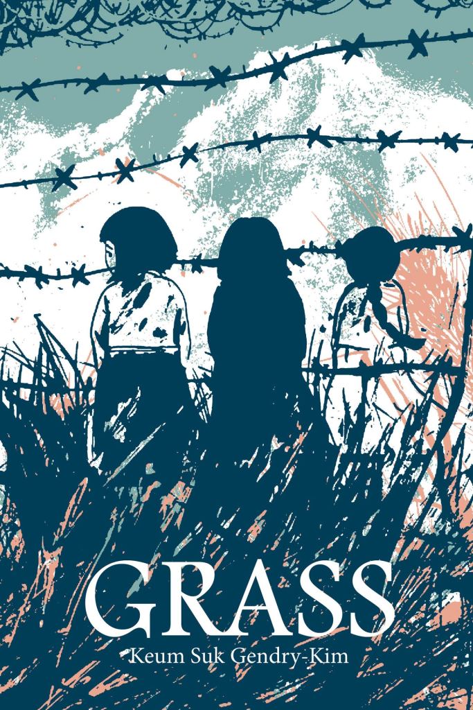 The cover to Grass, showing three young women surrounded by long grass, standing behind barbed wire.