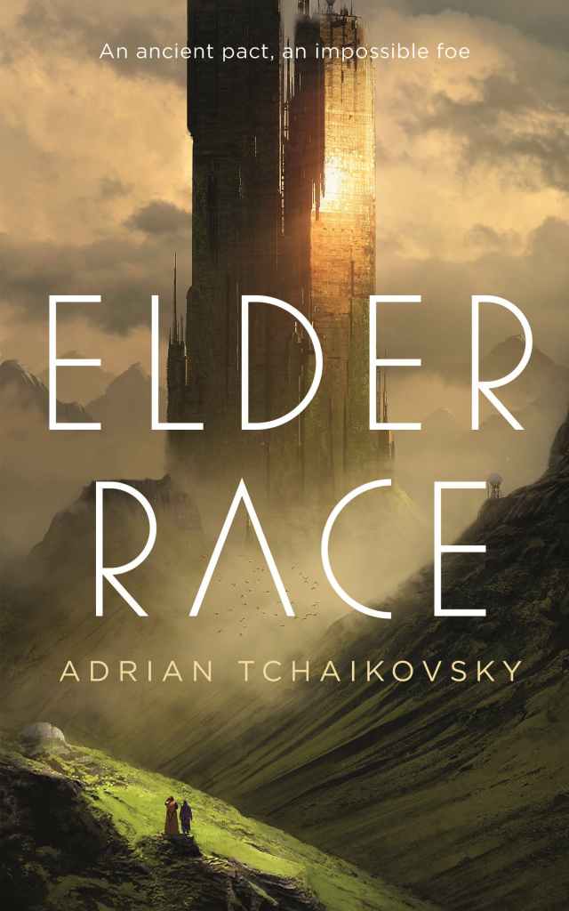 The cover of Adrian Tchaikovsky's Elder Race, showing two small fantasy-type figures on a hill in the foreground. Ahead of them is a tall tower made of golden, gleaming metal.
