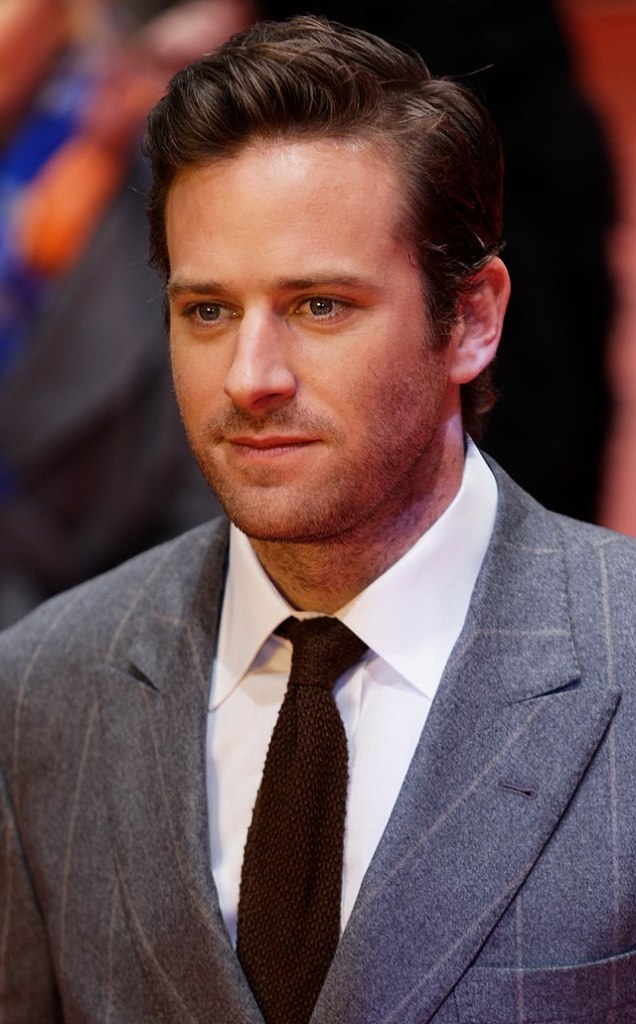A picture of Armie Hammer, featuring the actor wearing a gray suit with thin, lighter-gray stripes. He is not smiling and is looking slightly away from the camera, as if feeling shame for his great-grandfather's misdeeds.