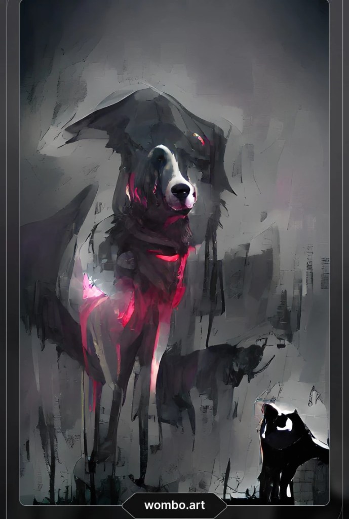 A watercolor-type painting of a collie-like dog in red and gray against a background of blacks and grays 