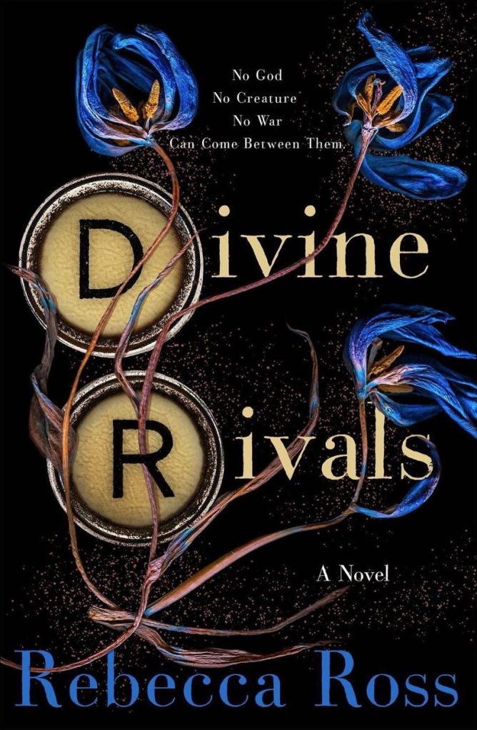 The cover of Divine Rivals, featuring blue-petaled flowers growing amidst old-fashioned typewriter keys of the letters D and R in a stylistic spelling of the title.