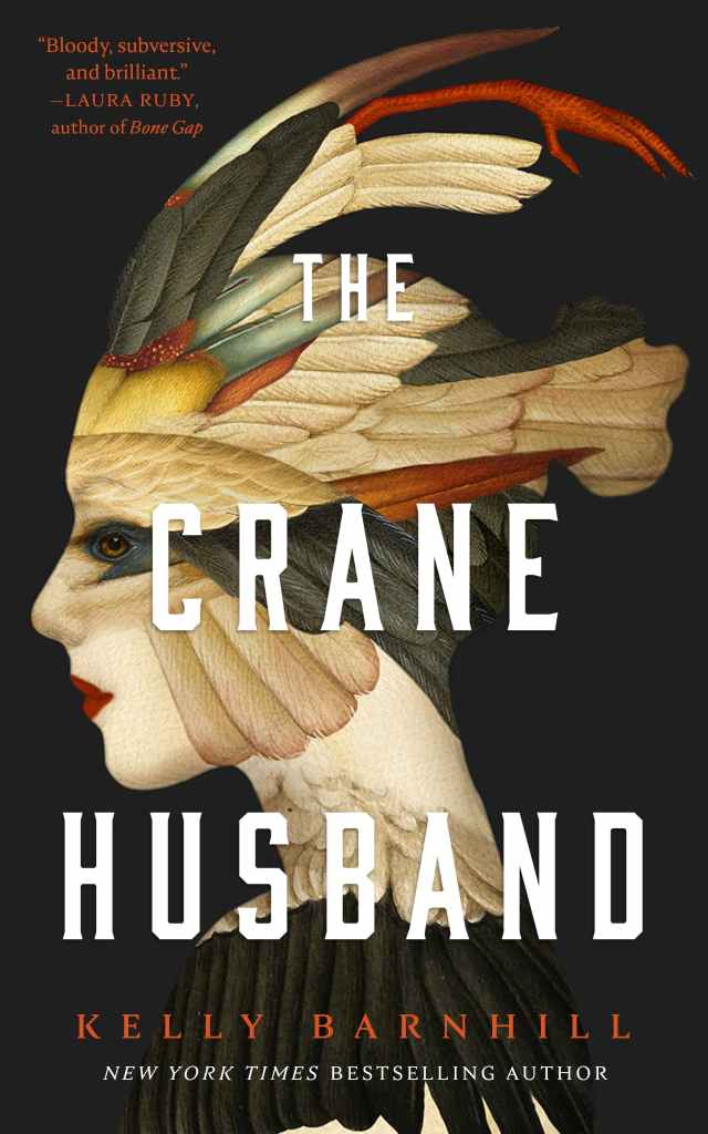 The cover of The Crane Husband, featuring the title in block letters over an illustration of what looks like a young, feminine face in profile partially obscured by a headdress and mask of feathers. More feathers cascade down her neck, as if they have grown there.