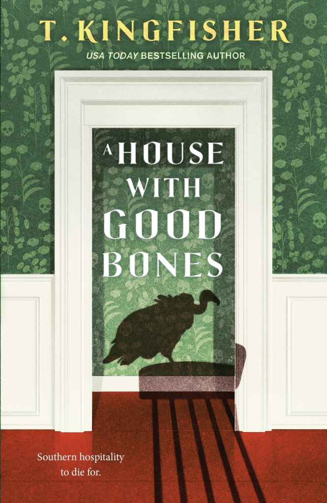 The cover of A House With Good Bones, featuring an interior shot of what looks like a nice suburban house...with a long shadow of a vulture cast on its wall and floor.