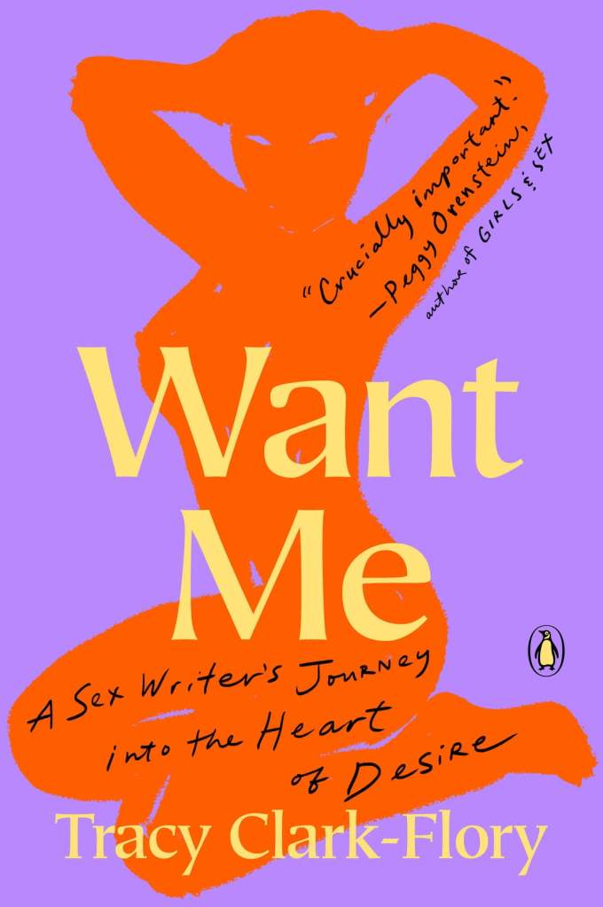 The cover to Want Me, featuring a purple background upon which is an orange silhouette of a woman posing suggestively.