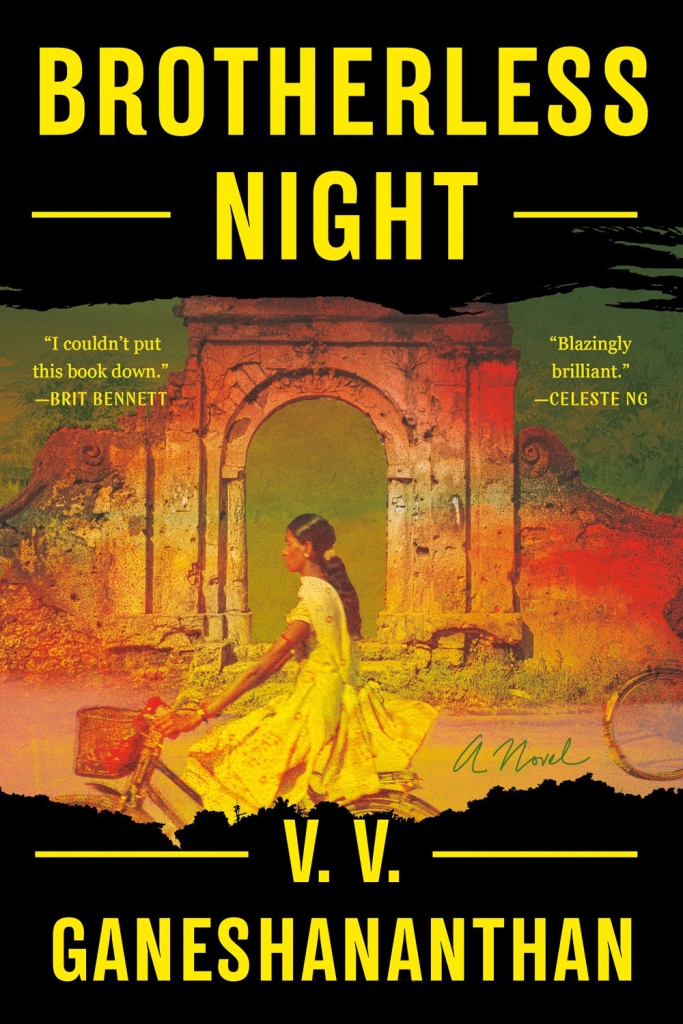 The cover of Brotherless Night, featuring a Southeast Asian teenage girl wearing a bright yellow dress and riding a bicycle with a basket on the front. Behind her is a damaged stone archway.