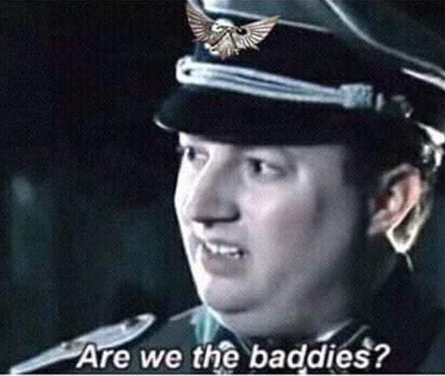 A still of the gif/meme of one Nazi SS officer asking the other (offscreen), "Are we the baddies?" 