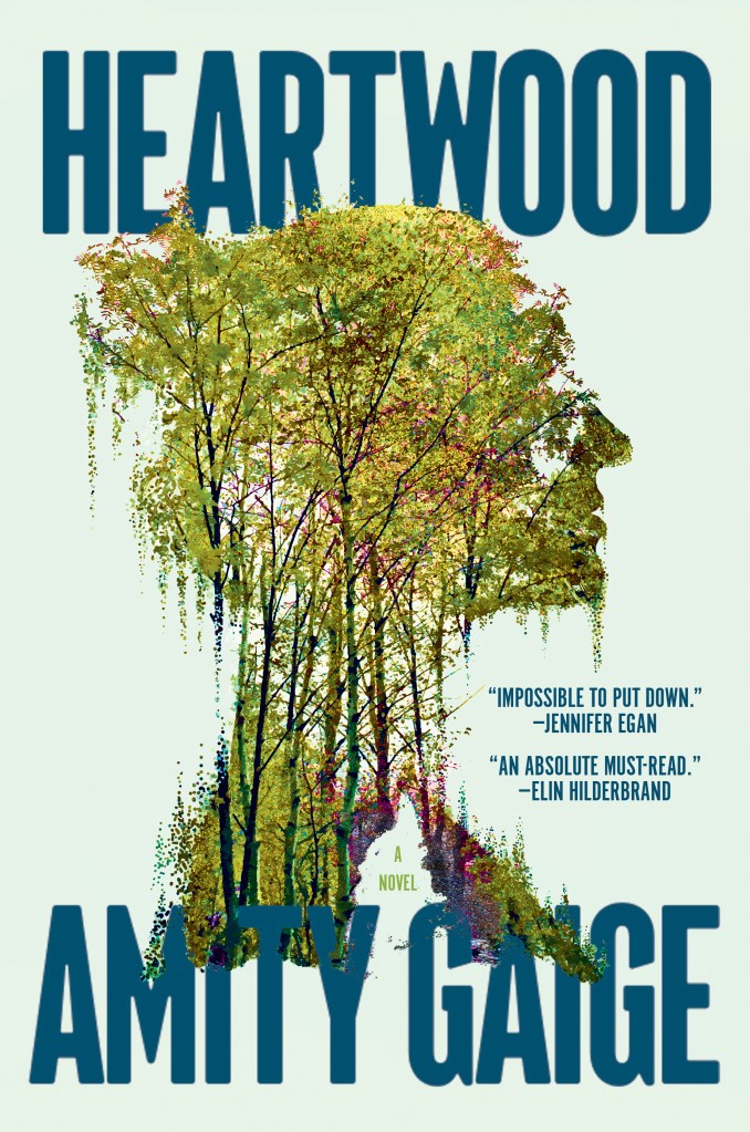 The cover for Heartwood, featuring trees and foliage arranged to look like the profile of a woman with her hair bound into a bun.