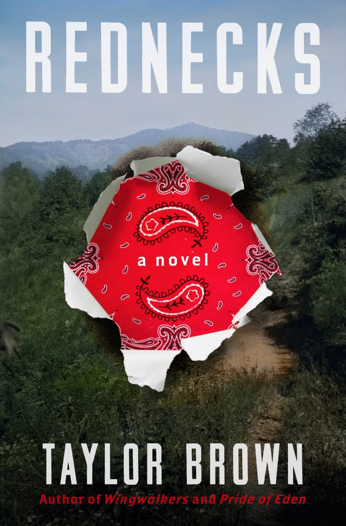 Cover of Taylor Brown's Rednecks, featuring a vista of West Virginia woods and mountains with a hole torn in the middle. Through the hole, we can see the paisley print of a red bandana.