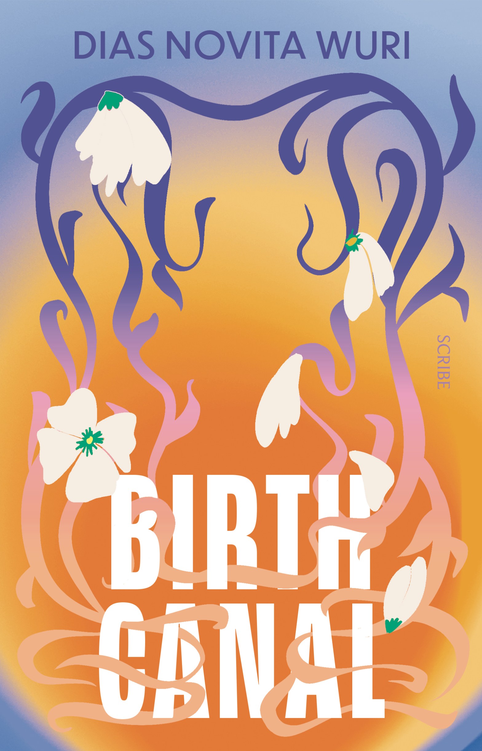 The cover of Birth Canal, which features an untidy rectangular border of vines and flowers entangled around the title and author at the bottom of the cover on a background of orange in the center and purple at the edges.