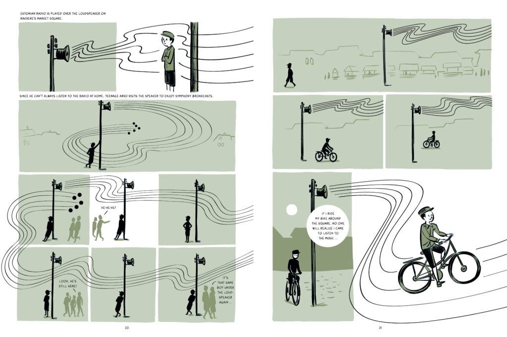 Two pages from Between Two Sounds. The text is too plentiful to copy verbatim, but it depicts Arvo standing next to the speaker in the town square that plays instrumental music. When people walk by, he realizes he looks strange just standing there all day, so he leaves and returns with  his bike. He looks much less strange cycling around the square, and is still able to listen to the broadcast music all day.