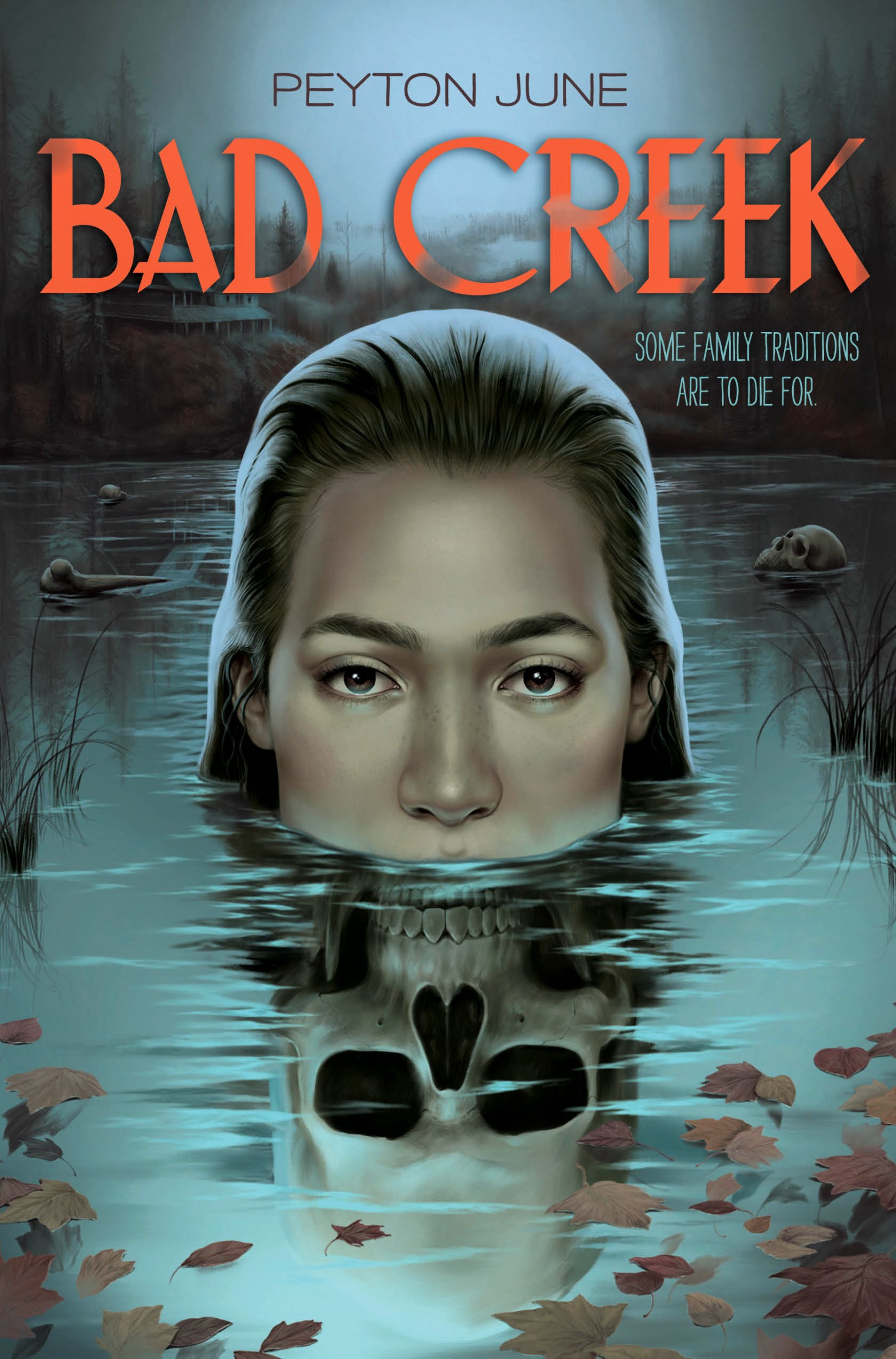 A painting of semi-stagnant water with leaves and grasses on it. In the background, we see bones floating (skull, what looks like a tibia, what could be an ulna). In the foreground, a white teenage girl with wet medium-brown hair has half of her face above the water, as if she's about to stand up or go under. The reflection in the water is of a skull.