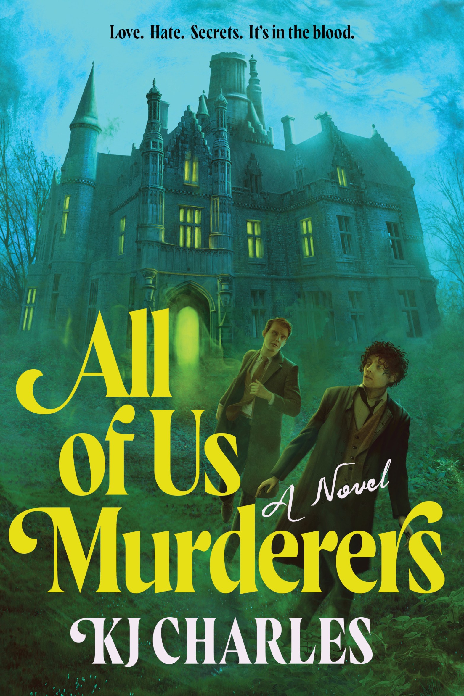 An illustration of two young white men in early-20th century clothing looking concerned and walking away from a large, foreboding mansion. The title, All of Us Murderers, and the author, KJ Charles, are superimposed upon the image.