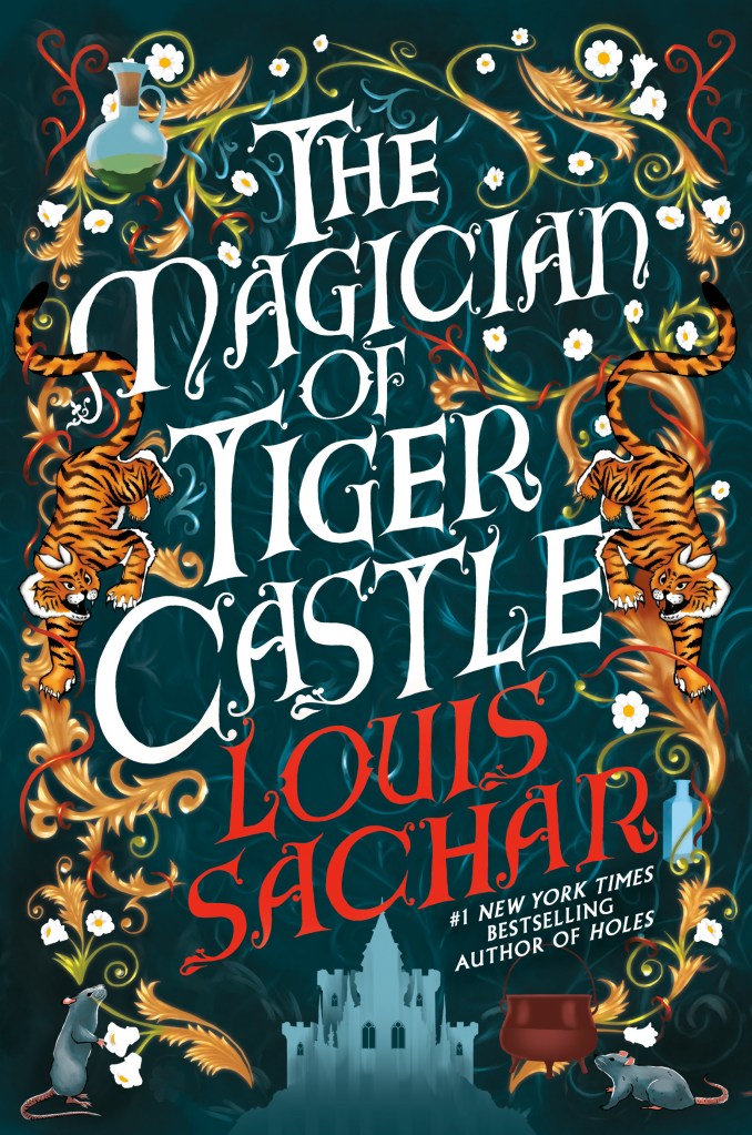 The cover of The Magician of Tiger Castle, which features illustrated tigers among gold filigree around the edge of a dark-green background and the book's title and author.