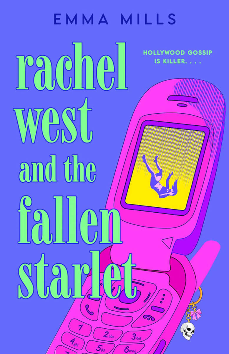 The cover of Rachel West and the Fallen Starlet by Emma Mills, featuring a hot-pink flip phone against a bright blue background. The phone has skull and ribbon-bow charms.