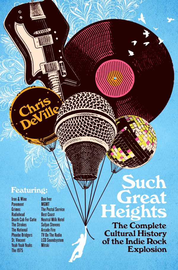 The cover off Chris DeVille's Such Great Heights, featuring an upside down electric guitar, a bass drum, a disco ball, a vinyl record and a microphone illustrated to look like balloons against a pale blue background.